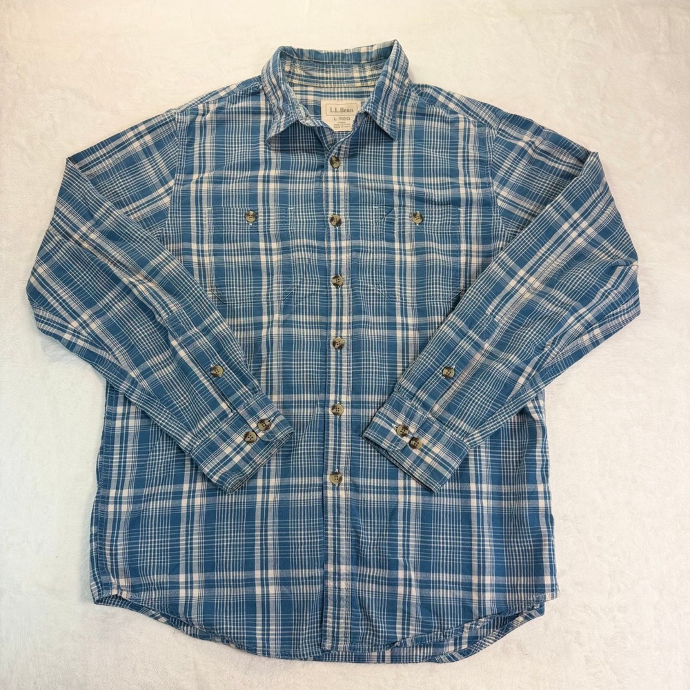 LL Bean Mens L Blue Plaid 100% Cotton Roll Tab Long Sleeve Button Down Shirt